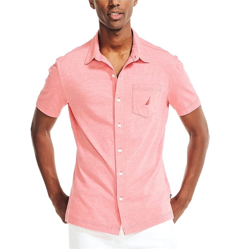 Nautica Men's Sailor Red Coral Heathered Button Down T-Shirt